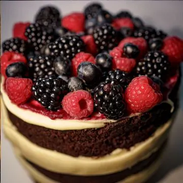 Bolo de chocolate com frutas vermelhas
