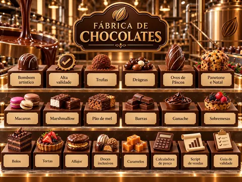 Fábrica de chocolates com prateleiras de doces: bombom artístico, alta validade, trufas, drágeas, ovos de Páscoa, panetone, macaron, marshmallow, pão de mel, barras, ganache, sobremesas, bolos, tortas, alfajor, doces inclusivos, caramelos, calculadora de preço, script de vendas e guia de validade