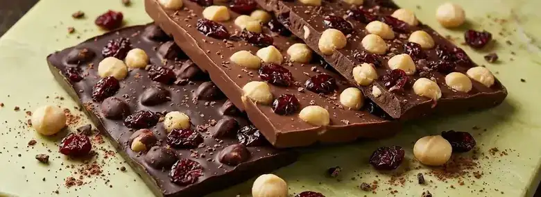 Barras de chocolate com frutas secas e macadâmia, cortadas sobre a mesa