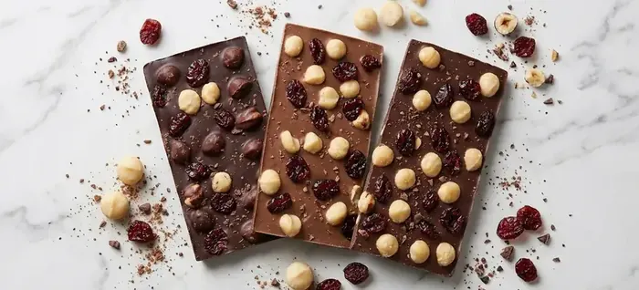 As três barras do curso: frutas secas, macadâmia e brigadeiro