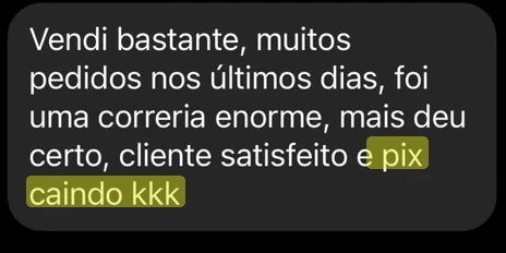 Aluna: vendi bastante, muitos pedidos nos últimos dias, cliente satisfeito e pix caindo